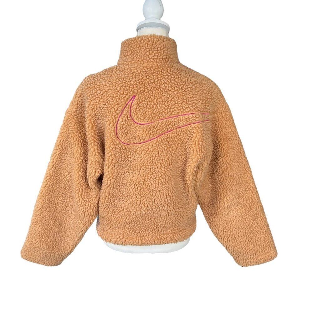 Nike Swoosh Sherpa Full Zip Cropped Jacket Tan Size Small - Picture 2 of 12